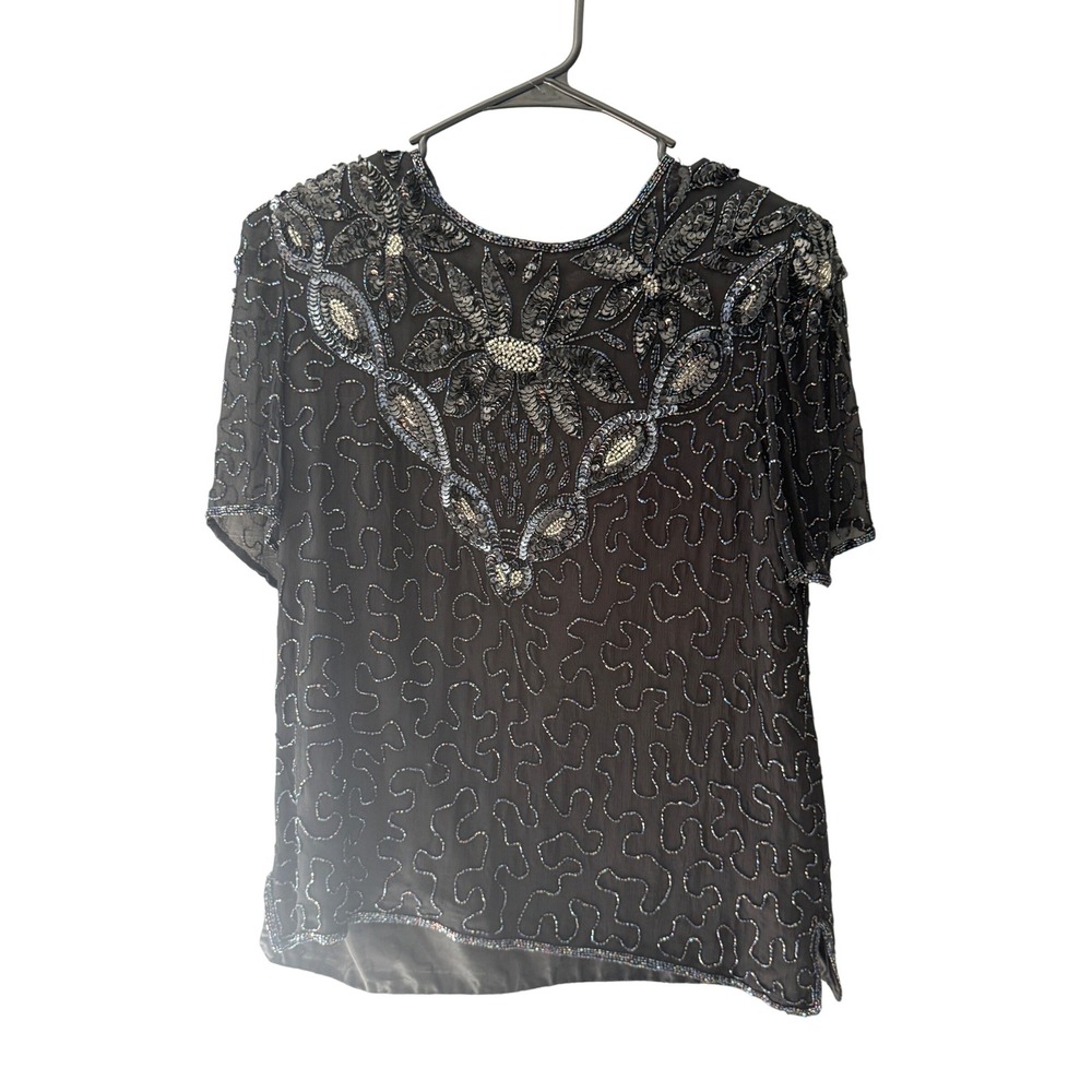 Sweelo Vintage Black Silk Beaded Sequin Floral Evening Top Short Sleeve Medium‎